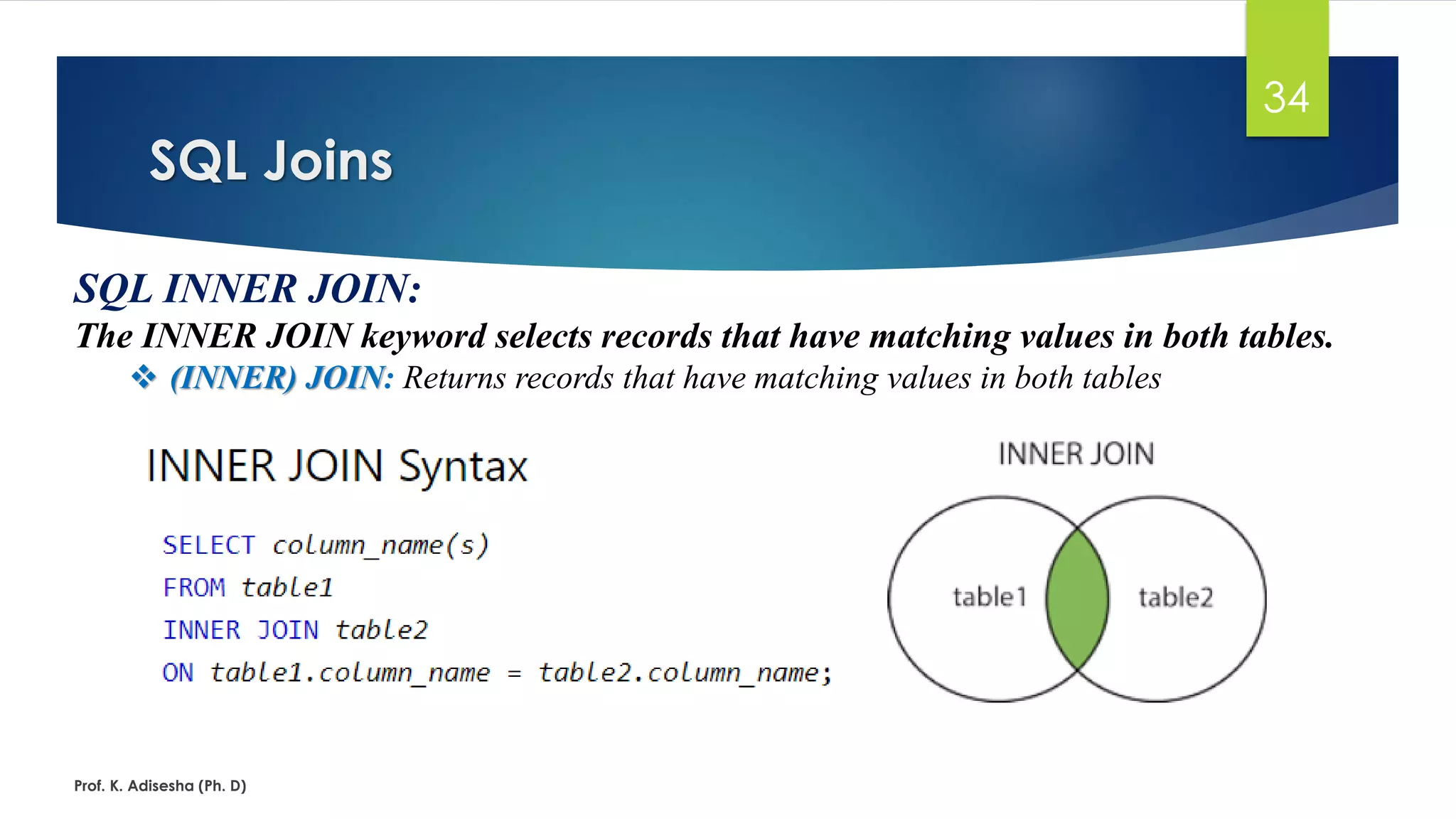 SQL Joins
Prof. K. Adisesha (Ph. D)
34
SQL INNER JOIN:
The INNER JOIN keyword selects records that have matching values in both tables.
 (INNER) JOIN: Returns records that have matching values in both tables
 