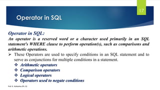 Operator in SQL
Prof. K. Adisesha (Ph. D)
17
Operator in SQL:
An operator is a reserved word or a character used primarily in an SQL
statement's WHERE clause to perform operation(s), such as comparisons and
arithmetic operations.
 These Operators are used to specify conditions in an SQL statement and to
serve as conjunctions for multiple conditions in a statement.
 Arithmetic operators
 Comparison operators
 Logical operators
 Operators used to negate conditions
 