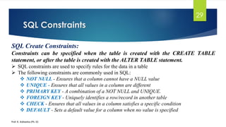 SQL Constraints
Prof. K. Adisesha (Ph. D)
29
SQL Create Constraints:
Constraints can be specified when the table is created with the CREATE TABLE
statement, or after the table is created with the ALTER TABLE statement.
 SQL constraints are used to specify rules for the data in a table
 The following constraints are commonly used in SQL:
 NOT NULL - Ensures that a column cannot have a NULL value
 UNIQUE - Ensures that all values in a column are different
 PRIMARY KEY - A combination of a NOT NULL and UNIQUE.
 FOREIGN KEY - Uniquely identifies a row/record in another table
 CHECK - Ensures that all values in a column satisfies a specific condition
 DEFAULT - Sets a default value for a column when no value is specified
 