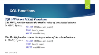 SQL Functions
Prof. K. Adisesha (Ph. D)
40
SQL MIN() and MAX() Functions:
The MIN() function returns the smallest value of the selected column.
 MIN() Syntax:
The MAX() function returns the largest value of the selected column.
 MAX() Syntax:
 