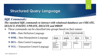Structured Query Language
Prof. K. Adisesha (Ph. D)
8
SQL Commands:
The standard SQL commands to interact with relational databases are CREATE,
SELECT, INSERT, UPDATE, DELETE and DROP.
 These commands can be classified into groups based on their nature:
 DDL - Data Definition Language
 DML - Data Manipulation Language
 DCL - Data Control Language
 TCL – Transaction Control Language
 