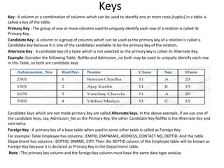 Keys
Key : A column or a combination of columns which can be used to identify one or more rows (tuples) in a table is
called a key of the table.
Primary Key : The group of one or more columns used to uniquely identify each row of a relation is called its
Primary Key.
Candidate Key : A column or a group of columns which can be used as the primary key of a relation is called a
Candidate key because it is one of the candidates available to be the primary key of the relation.
Alternate Key : A candidate key of a table which is not selected as the primary key is called its Alternate Key.
Example: Consider the following Table, RollNo and Admission_no both may be used to uniquely identify each row
in this Table, so both are candidate keys.
Candidate keys which are not made primary key are called Alternate keys. In the above example, if we use one of
the candidate keys, say, Admission_No as the Primary Key, the other Candidate Key RollNo is the Alternate Key and
vice-versa.
Foreign Key : A primary key of a base table when used in some other table is called as Foreign Key.
For example: Table Employee has columns : EMPID, EMPNAME, ADDRESS, CONTACT NO, DEPTID. And the table
Department has columns : DEPTID, DNAME, CITY. Then the DEPTID column of the Employee table will be known as
Foreign Key because it is declared as Primary Key in the Department table.
Note : The primary key column and the foreign key column must have the same data type andsize.
 