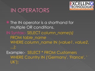 IN OPERATORS
 The IN operator is a shorthand for
multiple OR conditions.
IN Syntax:- SELECT column_name(s)
FROM table_name
WHERE column_name IN (value1, value2,
...);
Example:- SELECT * FROM Customers
WHERE Country IN ('Germany', 'France', '
UK');
 