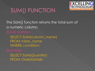 SUM() FUNCTION
The SUM() function returns the total sum of
a numeric column.
SUM() Syntax:-
SELECT SUM(column_name)
FROM table_name
WHERE condition;
Example:-
SELECT SUM(Quantity)
FROM OrderDetails;
 