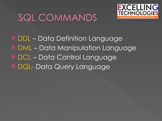 SQL COMMANDS
 DDL – Data Definition Language
 DML – Data Manipulation Language
 DCL – Data Control Language
 DQL- Data Query Language
 