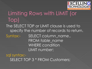 Limiting Rows with LIMIT (or
Top)
The SELECT TOP or LIMIT clause is used to
specify the number of records to return.
Syntax:- SELECT column_name..
FROM table_name
WHERE condition
LIMIT number;
sql syntax:-
SELECT TOP 3 * FROM Customers;
 