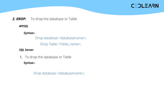 2. DROP: To drop the database or Table
Syntax:-
MYSQL
Drop database <databasename>;
SQL Server
To drop the database or Table
1.
Syntax:-
Drop database <databasename>;
Drop Table <Table_name>;
 
