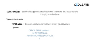 CONSTRAINTS: Set of rules applied to table columns to ensure data accuracy and
integrity in a database.
Types of Constraints:
1.NOT NULL : Ensures a column cannot have empty (NULL) values
Syntax:-
CREATE TABLE students (
id INT NOT NULL,
name VARCHAR(50) NOT NULL
);
 