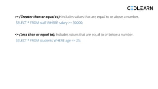 >= (Greater than or equal to): Includes values that are equal to or above a number.
SELECT * FROM staff WHERE salary >= 30000;
<= (Less than or equal to): Includes values that are equal to or below a number.
SELECT * FROM students WHERE age <= 25;
 