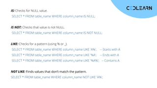 IS: Checks for NULL value.
SELECT * FROM table_name WHERE column_name IS NULL;
IS NOT: Checks that value is not NULL.
SELECT * FROM table_name WHERE column_name IS NOT NULL;
LIKE: Checks for a pattern (using % or _).
SELECT * FROM table_name WHERE column_name LIKE 'A%'; -- Starts with A
SELECT * FROM table_name WHERE column_name LIKE '%A'; -- Ends with A
SELECT * FROM table_name WHERE column_name LIKE '%A%'; -- Contains A
NOT LIKE: Finds values that don’t match the pattern.
SELECT * FROM table_name WHERE column_name NOT LIKE 'A%';
 