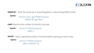 ORDER BY: Sorts the result set in ascending (ASC) or descending (DESC) order.
Syntax:-
SELECT name, age FROM students
ORDER BY age DESC;
LIMIT: Restricts the number of records returned.
Syntax:- SELECT * FROM students
LIMIT 5;
OFFSET: Skips a specified number of records before starting to return rows.
Syntax:-
SELECT * FROM students
LIMIT 5 OFFSET 10;
 