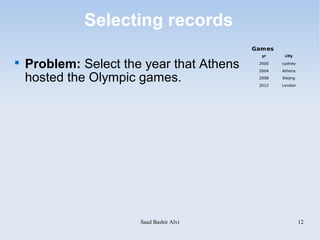 Selecting records
                                           Games
                                             yr     city


    Problem: Select the year that Athens    2000
                                            2004
                                                   sydney
                                                   Athens

    hosted the Olympic games.               2008
                                            2012
                                                   Biejing
                                                   London




                       Saad Bashir Alvi                      12
 