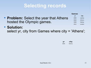 Selecting records
                                                      Games
                                                            yr     city


    Problem: Select the year that Athens                   2000
                                                           2004
                                                                  sydney
                                                                  Athens

    hosted the Olympic games.                              2008
                                                           2012
                                                                  Biejing
                                                                  London


    Solution:
    select yr, city from Games where city = 'Athens';

                                           yr     city
                                           2004   Athens




                        Saad Bashir Alvi                                    13
 