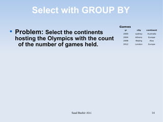 Select with GROUP BY
                                           Games

    Problem: Select the continents
                                             yr     city     continent

                                            2000   sydney    Australia


    hosting the Olympics with the count     2004
                                            2008
                                                   Athens
                                                   Biejing
                                                              Europe
                                                               Aisa

     of the number of games held.           2012   London     Europe




                        Saad Bashir Alvi                         14
 