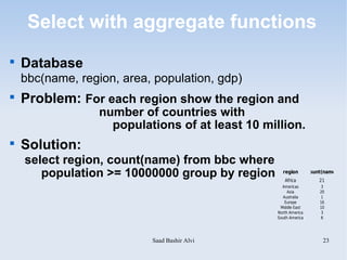 Select with aggregate functions

    Database
    bbc(name, region, area, population, gdp)

    Problem: For each region show the region and
                  number of countries with
                    populations of at least 10 million.

    Solution:
    select region, count(name) from bbc where
       population >= 10000000 group by region       region
                                                     Africa
                                                                  count(name)
                                                                      21
                                                    Americas          3
                                                       Asia           20
                                                    Australia         1
                                                     Europe           16
                                                   Middle East        10
                                                  North America       3
                                                  South America       6




                           Saad Bashir Alvi                            23
 