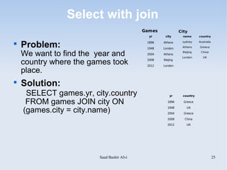 Select with join
                                           Games             City
                                             yr     city      name      country


    Problem:                                1896   Athens     sydney    Australia

                                                              Athens    Greece
                                            1948   London

    We want to find the year and            2004   Athens
                                                              Biejing
                                                              London
                                                                         China
                                                                           UK

    country where the games took            2008
                                            2012
                                                   Biejing
                                                   London

    place.

    Solution:
     SELECT games.yr, city.country                     yr     country

     FROM games JOIN city ON                         1896      Greece


    (games.city = city.name)                         1948
                                                     2004
                                                                 UK
                                                               Greece

                                                     2008      China
                                                     2012        UK




                        Saad Bashir Alvi                                            25
 