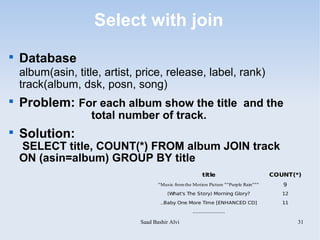 Select with join

    Database
    album(asin, title, artist, price, release, label, rank)
    track(album, dsk, posn, song)

    Problem: For each album show the title and the
                    total number of track.

    Solution:
    SELECT title, COUNT(*) FROM album JOIN track
    ON (asin=album) GROUP BY title
                                                            title                       COUNT(*)
                                      "Music from the Motion Picture ""Purple Rain"""      9
                                          (What's The Story) Morning Glory?                12

                                       ..Baby One More Time [ENHANCED CD]                  11
                                                      .....................

                               Saad Bashir Alvi                                                 31
 