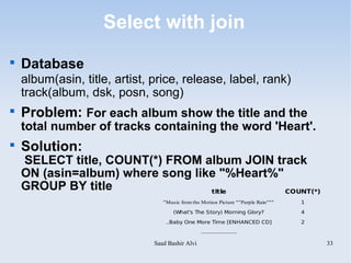 Select with join

    Database
    album(asin, title, artist, price, release, label, rank)
    track(album, dsk, posn, song)

    Problem: For each album show the title and the
    total number of tracks containing the word 'Heart'.

    Solution:
    SELECT title, COUNT(*) FROM album JOIN track
    ON (asin=album) where song like "%Heart%"
    GROUP BY title                title       COUNT(*)
                                  "Music from the Motion Picture ""Purple Rain"""   1

                                      (What's The Story) Morning Glory?             4

                                   ..Baby One More Time [ENHANCED CD]               2
                                                  .....................

                               Saad Bashir Alvi                                         33
 