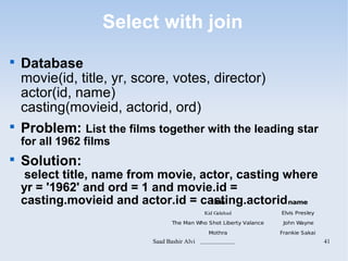 Select with join

    Database
    movie(id, title, yr, score, votes, director)
    actor(id, name)
    casting(movieid, actorid, ord)

    Problem: List the films together with the leading star
    for all 1962 films

    Solution:
     select title, name from movie, actor, casting where
    yr = '1962' and ord = 1 and movie.id =
    casting.movieid and actor.id = casting.actorid name
                                      title
                                                  Kid Galahad         Elvis Presley

                                   The Man Who Shot Liberty Valance    John Wayne

                                                    Mothra            Frankie Sakai
                           Saad Bashir Alvi .....................                     41
 