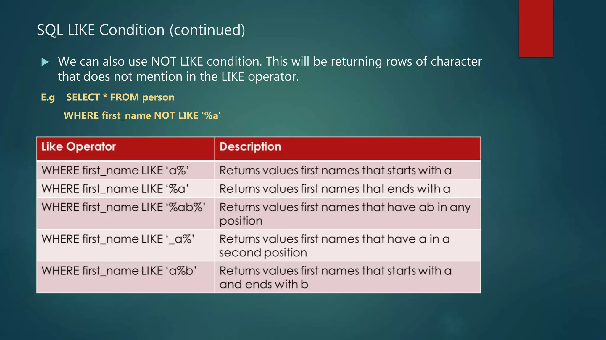 SQL LIKE Condition (continued)
 We can also use NOT LIKE condition. This will be returning rows of character
that does not mention in the LIKE operator.
E.g SELECT * FROM person
WHERE first_name NOT LIKE ‘%a’
 