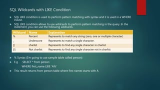 SQL Wildcards with LIKE Condition
 SQL LIKE condition is used to perform pattern matching with syntax and it is used in a WHERE
clause.
 SQL LIKE condition allows to use wildcards to perform pattern matching in the query. In the
statement, you can use the following wildcards.
 % Syntax (I’m going to use sample table called person)
 E.g SELECT * from person
WHERE first_name LIKE ‘A%’
 This result returns from person table where first names starts with A
Wildcard Name Explanation
% Percent Represents to match any string (zero, one or multiple character)
_ Underscore Represents to match a single character.
[] charlist Represents to find any single character in charlist
[!] Not charlist Represents to find any single character not in charlist
 