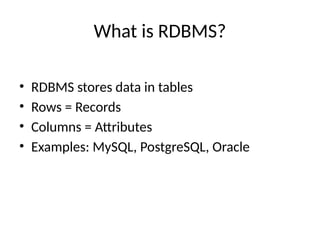 What is RDBMS?
• RDBMS stores data in tables
• Rows = Records
• Columns = Attributes
• Examples: MySQL, PostgreSQL, Oracle
 