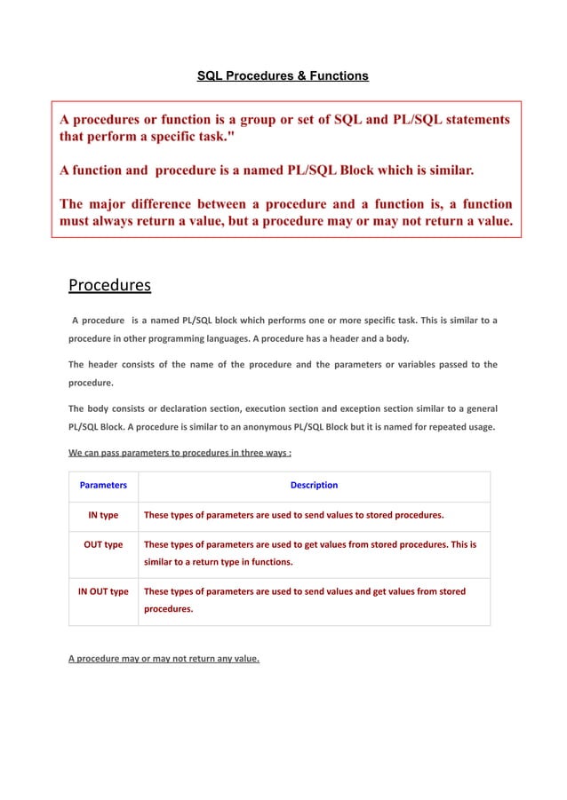 SQL Procedures & Functions | PDF