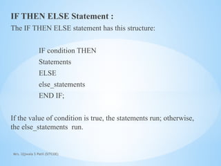 Mrs. Ujjwala S Patil (SITCOE)
IF THEN ELSE Statement :
The IF THEN ELSE statement has this structure:
IF condition THEN
Statements
ELSE
else_statements
END IF;
If the value of condition is true, the statements run; otherwise,
the else_statements run.
 