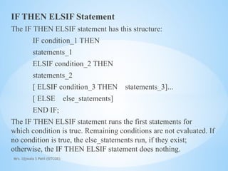Mrs. Ujjwala S Patil (SITCOE)
IF THEN ELSIF Statement
The IF THEN ELSIF statement has this structure:
IF condition_1 THEN
statements_1
ELSIF condition_2 THEN
statements_2
[ ELSIF condition_3 THEN statements_3]...
[ ELSE else_statements]
END IF;
The IF THEN ELSIF statement runs the first statements for
which condition is true. Remaining conditions are not evaluated. If
no condition is true, the else_statements run, if they exist;
otherwise, the IF THEN ELSIF statement does nothing.
 