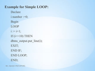 Mrs. Ujjwala S Patil (SITCOE)
Example for Simple LOOP:
Declare
i number :=0;
Begin
LOOP
i := i+1;
If (i<=10) THEN
dbms_output.put_line(i);
EXIT;
END IF;
END LOOP;
END;
 