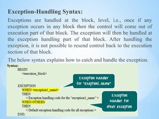 Mrs. Ujjwala S Patil (SITCOE)
Exception-Handling Syntax:
Exceptions are handled at the block, level, i.e., once if any
exception occurs in any block then the control will come out of
execution part of that block. The exception will then be handled at
the exception handling part of that block. After handling the
exception, it is not possible to resend control back to the execution
section of that block.
The below syntax explains how to catch and handle the exception.
 