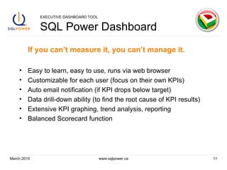 EXECUTIVE DASHBOARD TOOL SQL Power Dashboard If you can’t measure it, you can’t manage it. Easy to learn, easy to use, runs via web browser Customizable for each user (focus on their own KPIs) Auto email notification (if KPI drops below target) Data drill-down ability (to find the root cause of KPI results) Extensive KPI graphing, trend analysis, reporting Balanced Scorecard function March 2010 www.sqlpower.ca 