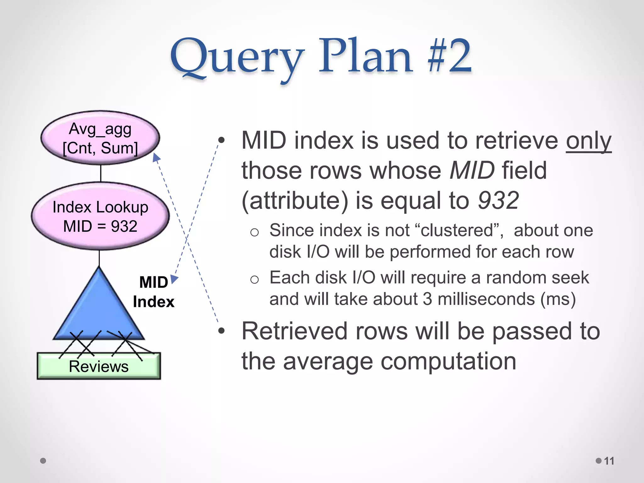 Query Plan #2 • MID index is used to retrieve only those rows whose MID field (attribute) is equal to 932 o Since index is not “clustered”, about one disk I/O will be performed for each row o Each disk I/O will require a random seek and will take about 3 milliseconds (ms) • Retrieved rows will be passed to the average computation 11 Avg_agg [Cnt, Sum] Index Lookup MID = 932 MID Index Reviews 