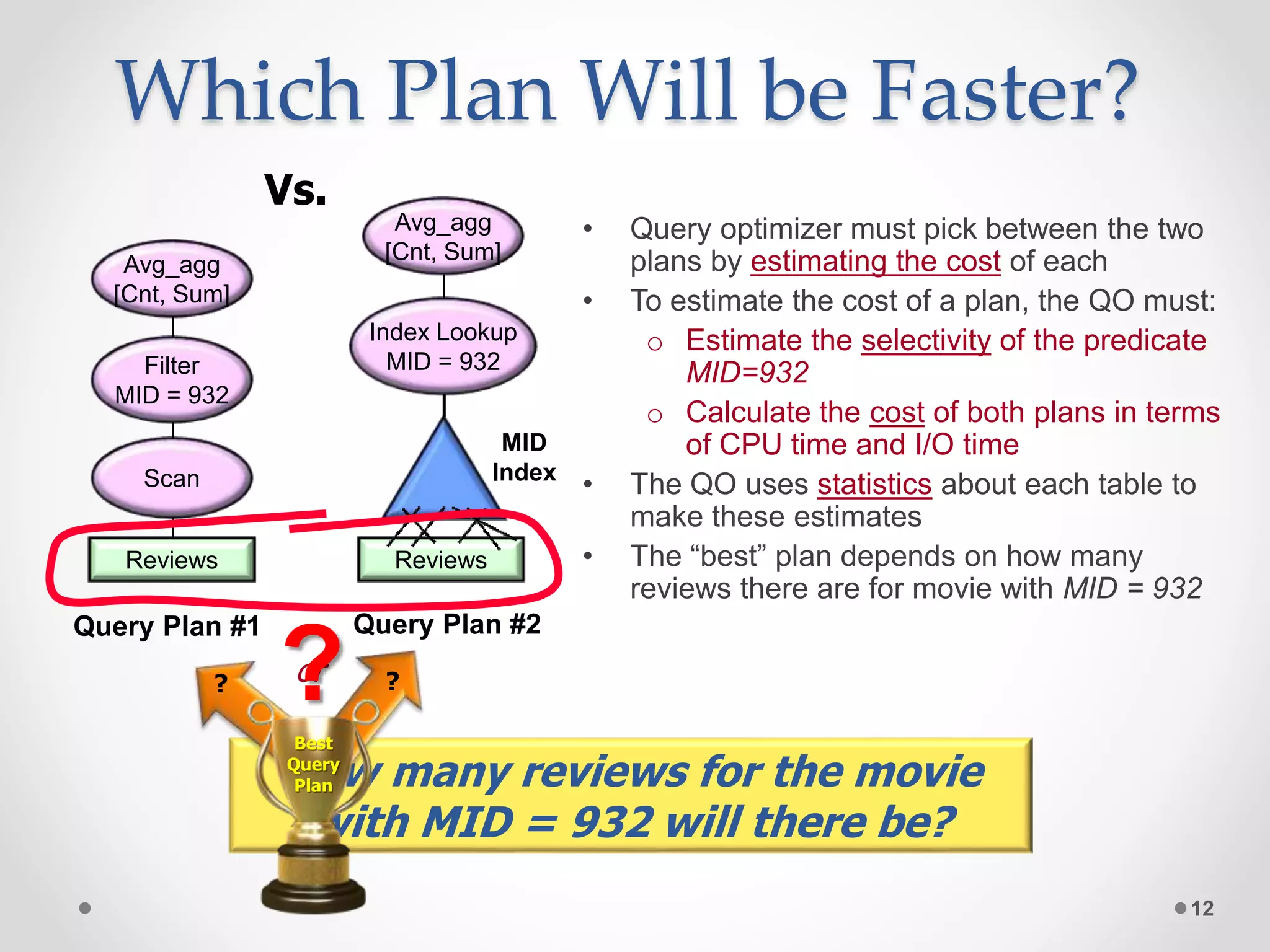 Which Plan Will be Faster? • Query optimizer must pick between the two plans by estimating the cost of each • To estimate the cost of a plan, the QO must: o Estimate the selectivity of the predicate MID=932 o Calculate the cost of both plans in terms of CPU time and I/O time • The QO uses statistics about each table to make these estimates • The “best” plan depends on how many reviews there are for movie with MID = 932 12 Query Plan #1 Avg_agg [Cnt, Sum] Scan Reviews Filter MID = 932 Avg_agg [Cnt, Sum] Index Lookup MID = 932 MID Index Reviews Query Plan #2 Vs. How many reviews for the movie with MID = 932 will there be? Best Query Plan or? ?? 