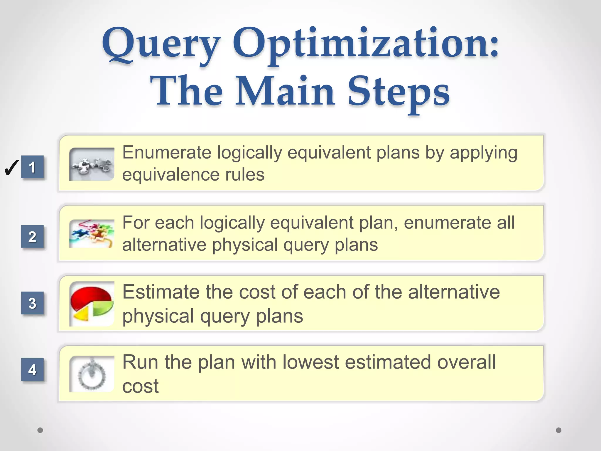 Enumerate logically equivalent plans by applying equivalence rules For each logically equivalent plan, enumerate all alternative physical query plans Estimate the cost of each of the alternative physical query plans Run the plan with lowest estimated overall cost Query Optimization: The Main Steps ✓ 2 1 3 4 