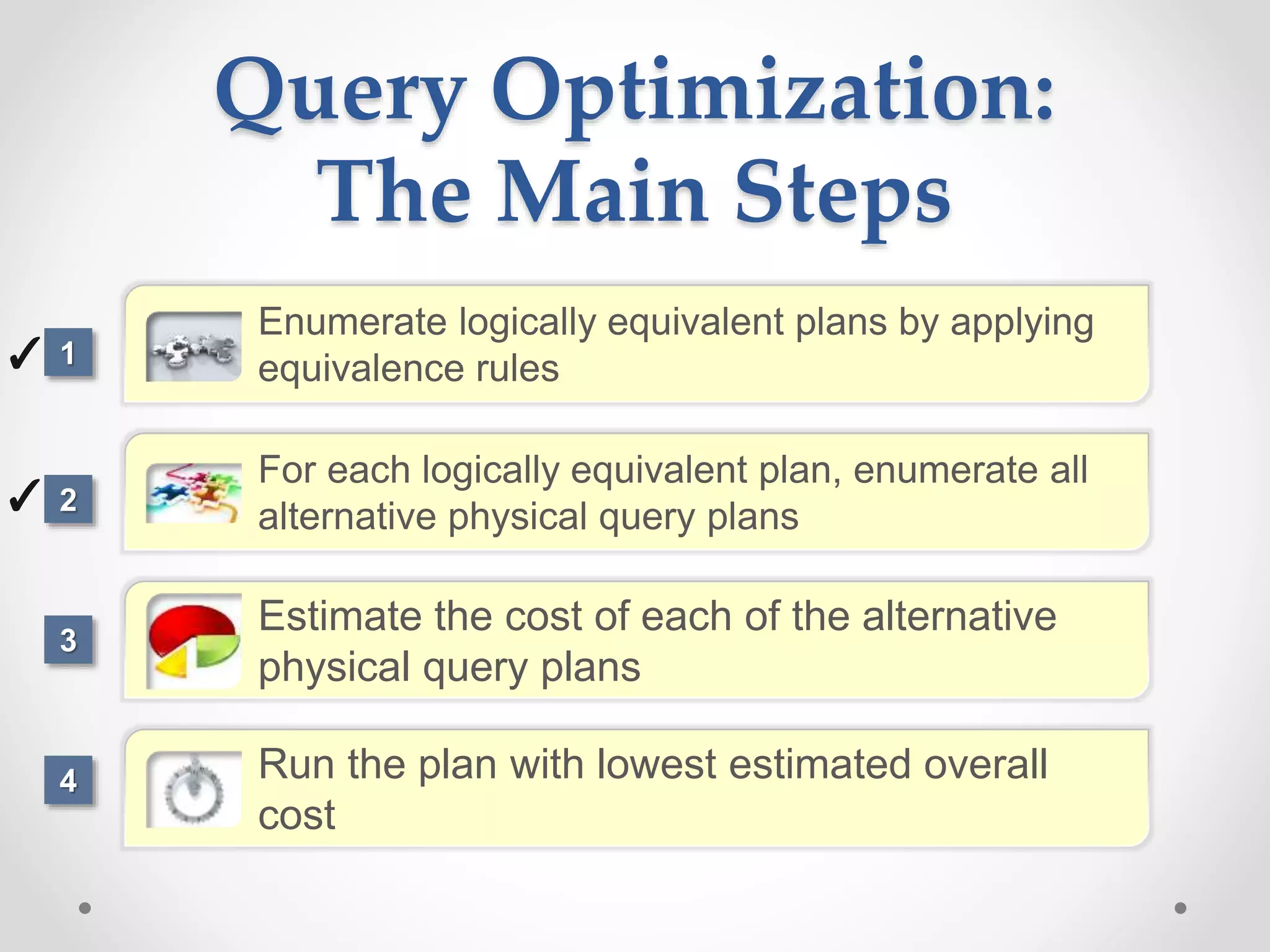 Enumerate logically equivalent plans by applying equivalence rules For each logically equivalent plan, enumerate all alternative physical query plans Estimate the cost of each of the alternative physical query plans Run the plan with lowest estimated overall cost Query Optimization: The Main Steps ✓ 2 1 3 4 ✓ 