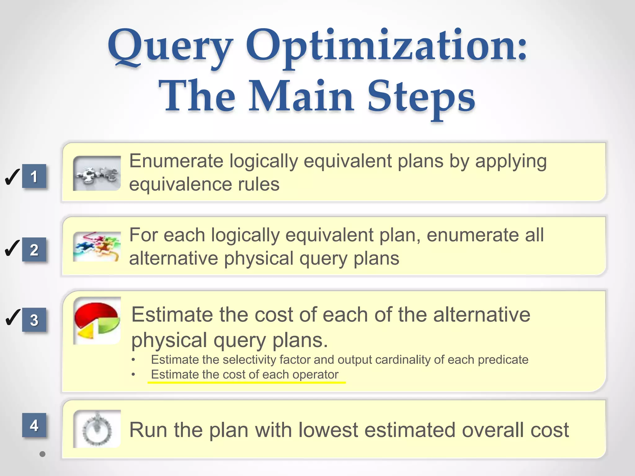 Enumerate logically equivalent plans by applying equivalence rules For each logically equivalent plan, enumerate all alternative physical query plans Estimate the cost of each of the alternative physical query plans. • Estimate the selectivity factor and output cardinality of each predicate • Estimate the cost of each operator Run the plan with lowest estimated overall cost Query Optimization: The Main Steps ✓ 2 1 3 4 ✓ ✓ 