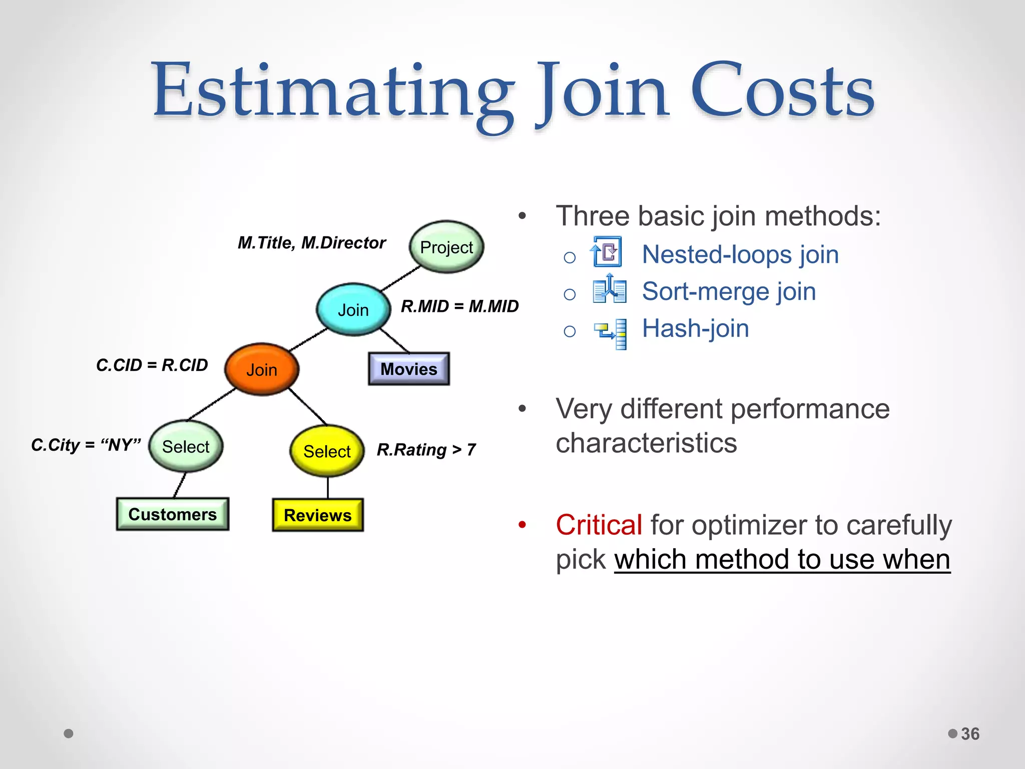 Estimating Join Costs • Three basic join methods: o Nested-loops join o Sort-merge join o Hash-join • Very different performance characteristics • Critical for optimizer to carefully pick which method to use when 36 Join SelectC.City = “NY” Select R.Rating > 7 JoinC.CID = R.CID R.MID = M.MID Customers Reviews ProjectM.Title, M.Director Movies 