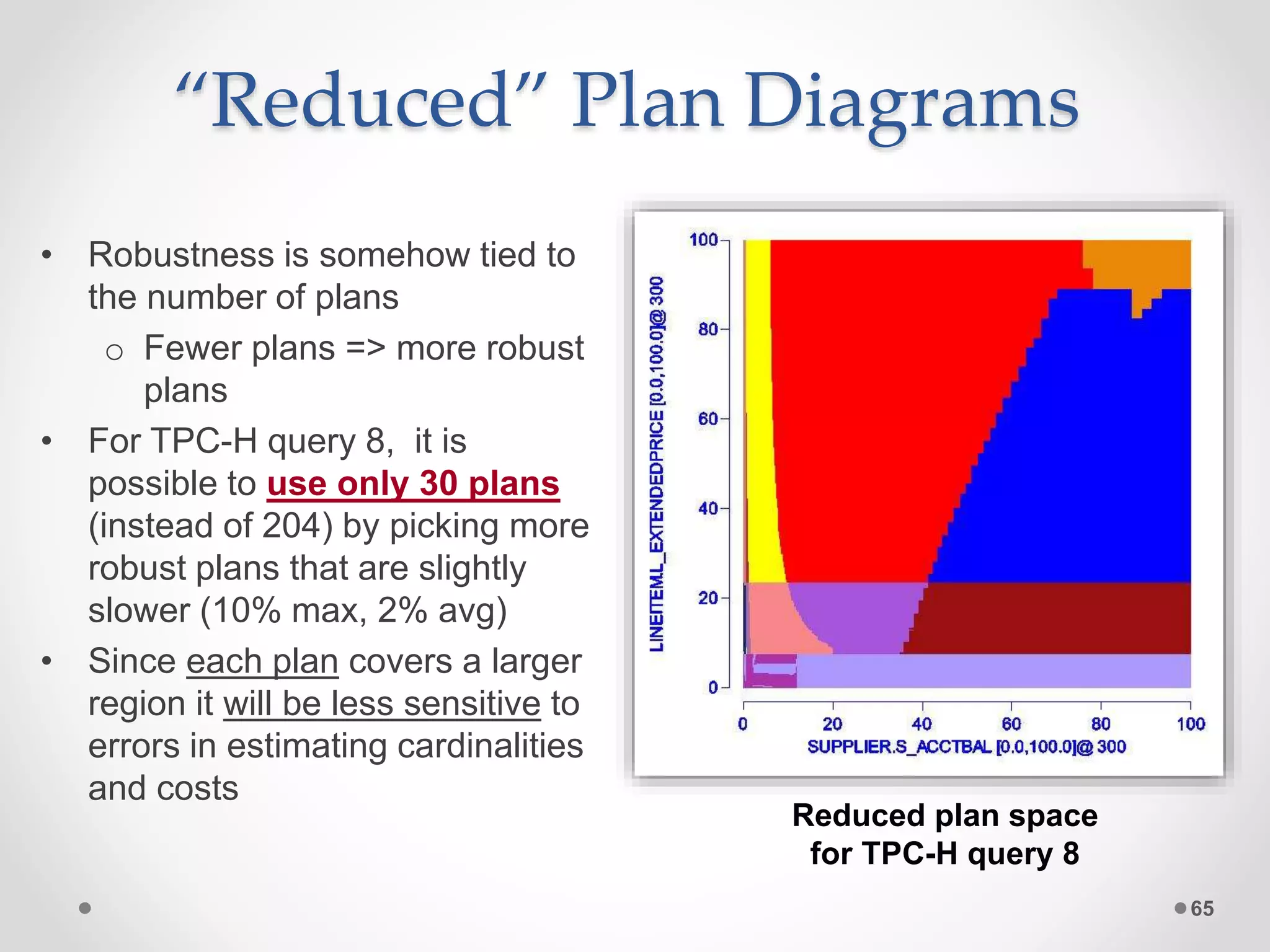 “Reduced” Plan Diagrams • Robustness is somehow tied to the number of plans o Fewer plans => more robust plans • For TPC-H query 8, it is possible to use only 30 plans (instead of 204) by picking more robust plans that are slightly slower (10% max, 2% avg) • Since each plan covers a larger region it will be less sensitive to errors in estimating cardinalities and costs 65 Reduced plan space for TPC-H query 8 