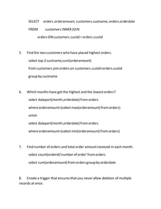 SELECT orders.orderamount, customers.custname, orders.orderdate 
FROM customers INNER JOIN 
orders ON customers.custid = orders.custid 
5. Find the two customers who have placed highest orders. 
select top 2 custname,sum(orderamount) 
from customers join orders on customers.custid=orders.custid 
group by custname 
6. Which months have got the highest and the lowest orders? 
select datepart(month,orderdate) from orders 
where orderamount=(select max(orderamount) from orders) 
union 
select datepart(month,orderdate) from orders 
where orderamount=(select min(orderamount) from orders) 
7. Find number of orders and total order amount received in each month. 
select count(orderid)'number of order' from orders 
select sum(orderamount) from orders group by orderdate 
8. Create a trigger that ensures that you never allow deletion of multiple 
records at once. 
 