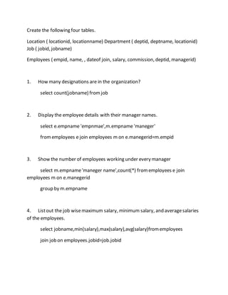 Create the following four tables. 
Location ( locationid, locationname) Department ( deptid, deptname, locationid) 
Job ( jobid, jobname) 
Employees ( empid, name, , dateof join, salary, commission, deptid, managerid) 
1. How many designations are in the organization? 
select count(jobname) from job 
2. Display the employee details with their manager names. 
select e.empname 'empnmae',m.empname 'maneger' 
from employees e join employees m on e.manegerid=m.empid 
3. Show the number of employees working under every manager 
select m.empname 'maneger name',count(*) from employees e join 
employees m on e.manegerid 
group by m.empname 
4. List out the job wise maximum salary, minimum salary, and average salaries 
of the employees. 
select jobname,min(salary),max(salary),avg(salary)from employees 
join job on employees.jobid=job.jobid 
 