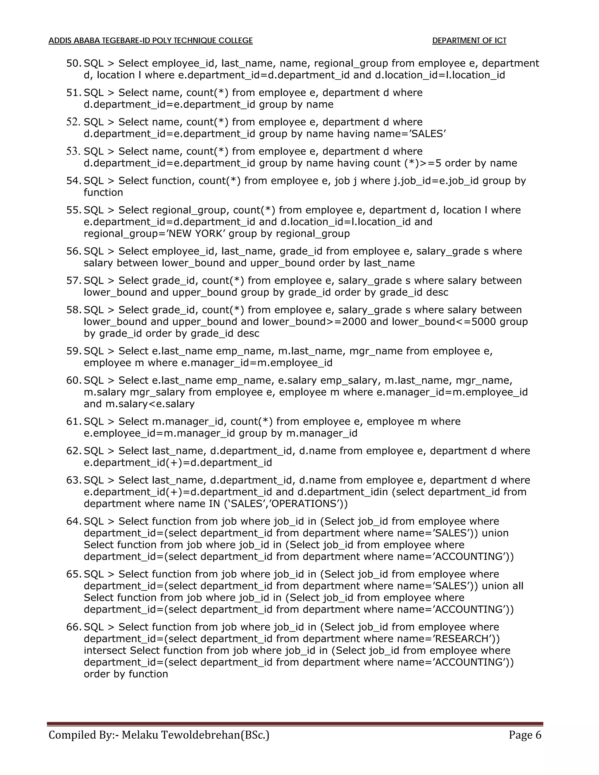 ADDIS ABABA TEGEBARE-ID POLY TECHNIQUE COLLEGE DEPARTMENT OF ICT
Compiled By:- Melaku Tewoldebrehan(BSc.) Page 6
50. SQL > Select employee_id, last_name, name, regional_group from employee e, department
d, location l where e.department_id=d.department_id and d.location_id=l.location_id
51. SQL > Select name, count(*) from employee e, department d where
d.department_id=e.department_id group by name
52. SQL > Select name, count(*) from employee e, department d where
d.department_id=e.department_id group by name having name=’SALES’
53. SQL > Select name, count(*) from employee e, department d where
d.department_id=e.department_id group by name having count (*)>=5 order by name
54. SQL > Select function, count(*) from employee e, job j where j.job_id=e.job_id group by
function
55. SQL > Select regional_group, count(*) from employee e, department d, location l where
e.department_id=d.department_id and d.location_id=l.location_id and
regional_group=’NEW YORK’ group by regional_group
56. SQL > Select employee_id, last_name, grade_id from employee e, salary_grade s where
salary between lower_bound and upper_bound order by last_name
57. SQL > Select grade_id, count(*) from employee e, salary_grade s where salary between
lower_bound and upper_bound group by grade_id order by grade_id desc
58. SQL > Select grade_id, count(*) from employee e, salary_grade s where salary between
lower_bound and upper_bound and lower_bound>=2000 and lower_bound<=5000 group
by grade_id order by grade_id desc
59. SQL > Select e.last_name emp_name, m.last_name, mgr_name from employee e,
employee m where e.manager_id=m.employee_id
60. SQL > Select e.last_name emp_name, e.salary emp_salary, m.last_name, mgr_name,
m.salary mgr_salary from employee e, employee m where e.manager_id=m.employee_id
and m.salary<e.salary
61. SQL > Select m.manager_id, count(*) from employee e, employee m where
e.employee_id=m.manager_id group by m.manager_id
62. SQL > Select last_name, d.department_id, d.name from employee e, department d where
e.department_id(+)=d.department_id
63. SQL > Select last_name, d.department_id, d.name from employee e, department d where
e.department_id(+)=d.department_id and d.department_idin (select department_id from
department where name IN (‘SALES’,’OPERATIONS’))
64. SQL > Select function from job where job_id in (Select job_id from employee where
department_id=(select department_id from department where name=’SALES’)) union
Select function from job where job_id in (Select job_id from employee where
department_id=(select department_id from department where name=’ACCOUNTING’))
65. SQL > Select function from job where job_id in (Select job_id from employee where
department_id=(select department_id from department where name=’SALES’)) union all
Select function from job where job_id in (Select job_id from employee where
department_id=(select department_id from department where name=’ACCOUNTING’))
66. SQL > Select function from job where job_id in (Select job_id from employee where
department_id=(select department_id from department where name=’RESEARCH’))
intersect Select function from job where job_id in (Select job_id from employee where
department_id=(select department_id from department where name=’ACCOUNTING’))
order by function
 