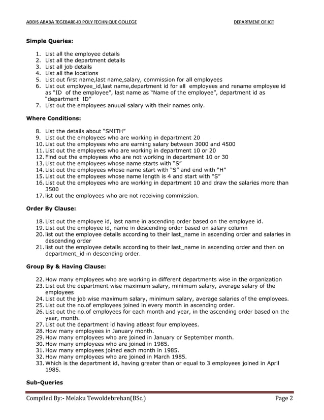 Sql queries questions and answers | PDF
