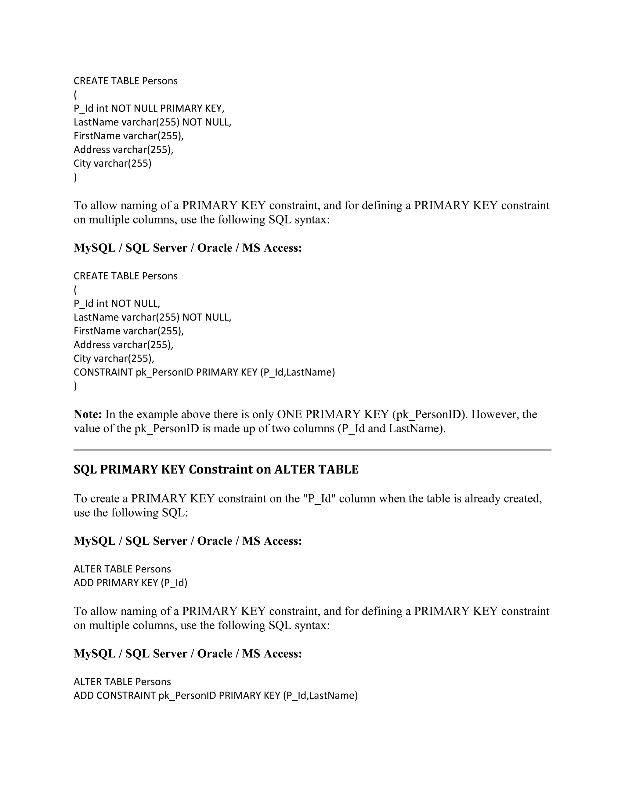 CREATE TABLE Persons ( P_Id int NOT NULL PRIMARY KEY, LastName varchar(255) NOT NULL, FirstName varchar(255), Address varchar(255), City varchar(255) ) To allow naming of a PRIMARY KEY constraint, and for defining a PRIMARY KEY constraint on multiple columns, use the following SQL syntax: MySQL / SQL Server / Oracle / MS Access: CREATE TABLE Persons ( P_Id int NOT NULL, LastName varchar(255) NOT NULL, FirstName varchar(255), Address varchar(255), City varchar(255), CONSTRAINT pk_PersonID PRIMARY KEY (P_Id,LastName) ) Note: In the example above there is only ONE PRIMARY KEY (pk_PersonID). However, the value of the pk_PersonID is made up of two columns (P_Id and LastName). SQL PRIMARY KEY Constraint on ALTER TABLE To create a PRIMARY KEY constraint on the "P_Id" column when the table is already created, use the following SQL: MySQL / SQL Server / Oracle / MS Access: ALTER TABLE Persons ADD PRIMARY KEY (P_Id) To allow naming of a PRIMARY KEY constraint, and for defining a PRIMARY KEY constraint on multiple columns, use the following SQL syntax: MySQL / SQL Server / Oracle / MS Access: ALTER TABLE Persons ADD CONSTRAINT pk_PersonID PRIMARY KEY (P_Id,LastName) 