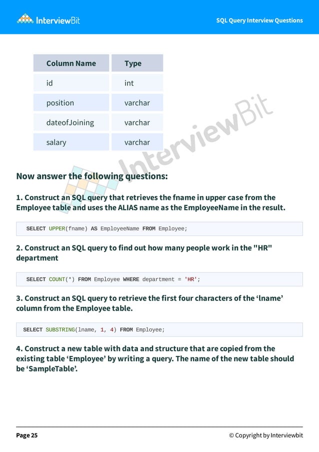 SQL Query Interview Questions | PDF