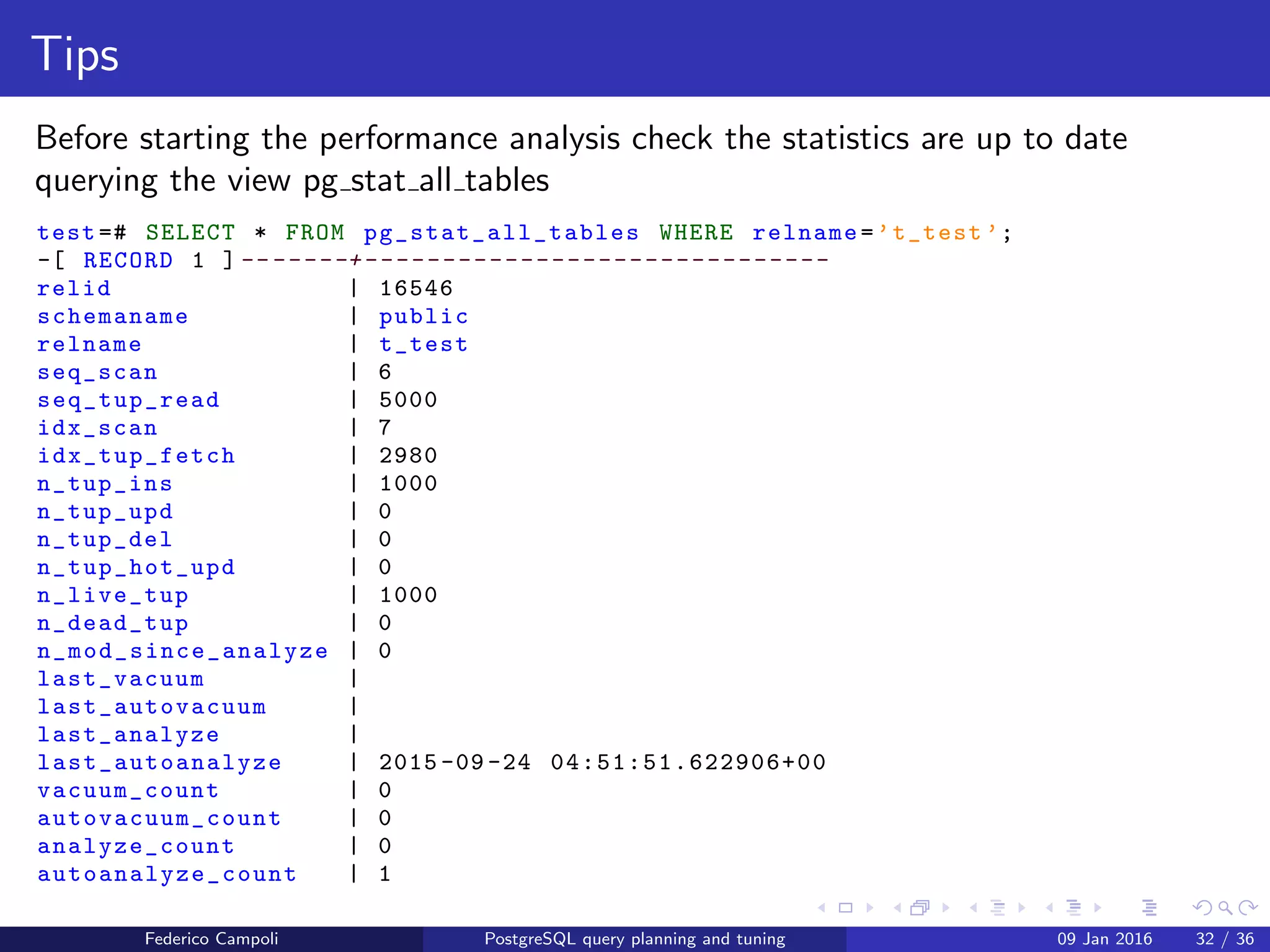 I ﬁght for the users!
ANALYZE
ANALYZE
ANALYZE gather statistics runs random reads on the tables
The statistics are stored in the pg statistic system table
The view pg stats translates the statistics in human readable format
The parameter default statistics target sets the limit for the random read
The statistic target can be ﬁne tuned per column
Federico Campoli PostgreSQL query planning and tuning 03 Mar 2016 39 / 47
 