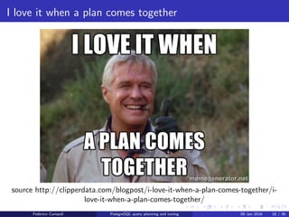 I love it when a plan comes together
index scan
index scan: read the index tree with random disk read and gets the heap blocks
pointed by the index. Returns sorted rows.
Federico Campoli PostgreSQL query planning and tuning 03 Mar 2016 19 / 47
 