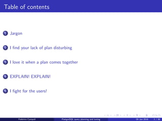 Table of contents
1 Jargon
2 I ﬁnd your lack of plan disturbing
3 I love it when a plan comes together
4 EXPLAIN! EXPLAIN!
5 I ﬁght for the users!
6 Wrap up
Federico Campoli PostgreSQL query planning and tuning 03 Mar 2016 2 / 47
 
