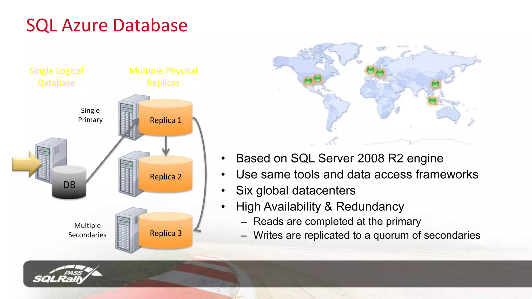MS guarantees 99.95% availabilitySQL Azure DatabaseThe first and only true relational database as a serviceSubtitle colorElastic ScaleSelf-managedDeveloper AgilityBuild cloud-based database solutions on consistent relational model