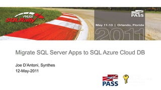 Migrate SQL Server Apps to SQL Azure Cloud DB Joe D’Antoni, Synthes 12-May-2011	 